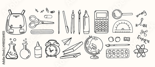 Line art School and science icons set including stationery, backpack, calculator, globe, lab tools, and formulas suitable for educational materials, websites, posters, and classroom decor.Vector
