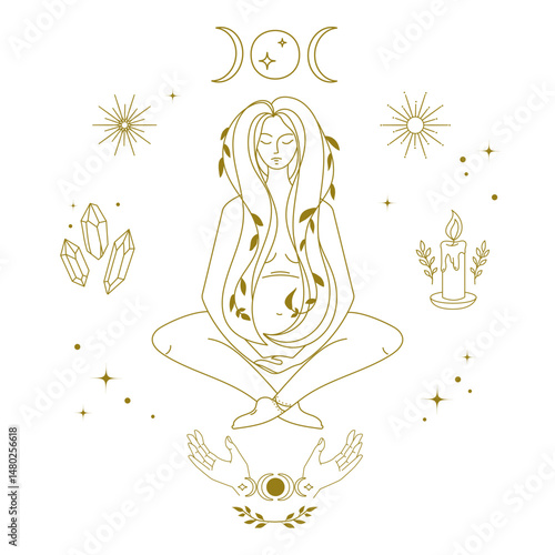 Meditating pregnant woman surrounded by crystals, candle, stars, and moon phases Minimalist spiritual illustration representing divine feminine energy ideal for wellness , prints, posters.Vector