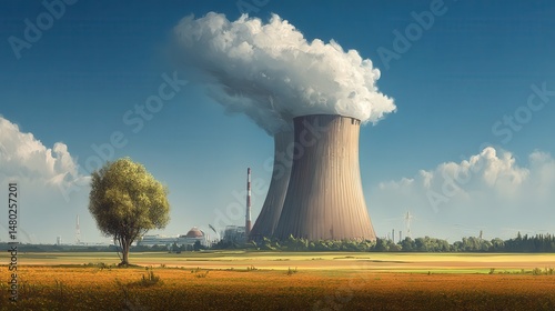 A large power plant complex emitting plumes of smoke on a sunny day. photo