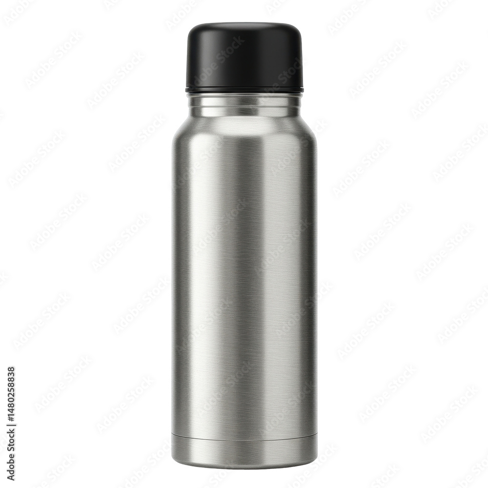 Silver water bottle with a black lid, standing upright on a black background with soft lighting Silver water bottle with a black lid, standing upright on a black background with soft lighting