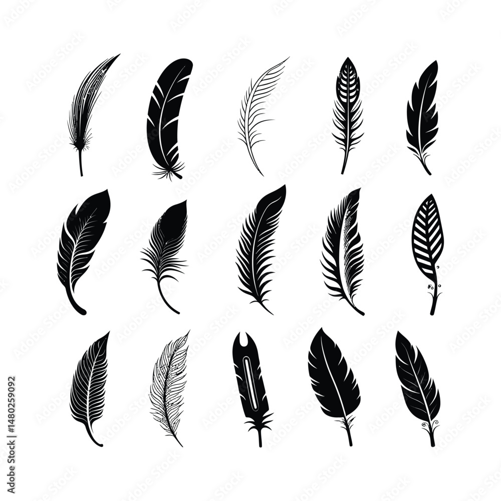 Feather Silhouette Icon Set Black on White Background Feather Silhouette Icon Set Black on White Background