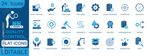 Quality control  icon set. Containing inspection, evaluation, product, quality assurance, process, testing and more. perfect flat icon collection.