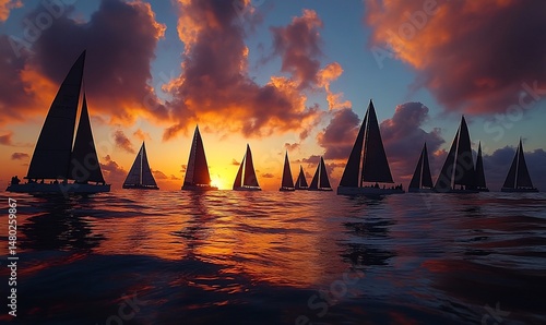 Sailboats race silhouetted at fiery sunset