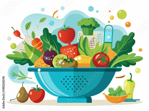 A colander with fresh vegetables being washed. White background, clean and healthy food prep scene