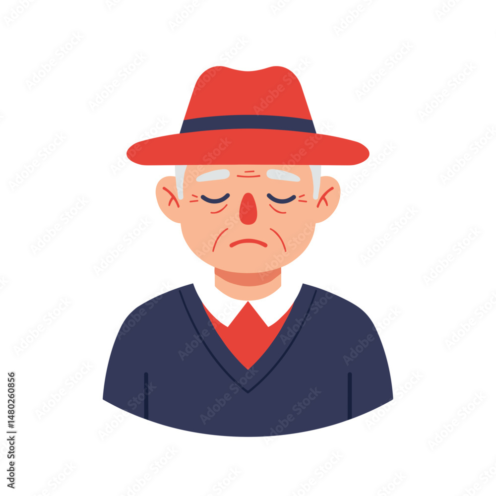 Elderly man resting eyes while wearing a red hat and sweater Elderly man resting eyes while wearing a red hat and sweater