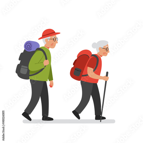 Elderly couple hiking with backpacks and walking stick outdoors  