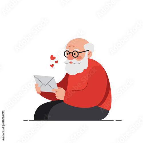 Elderly man reading a letter with a smile while sitting on the floor  