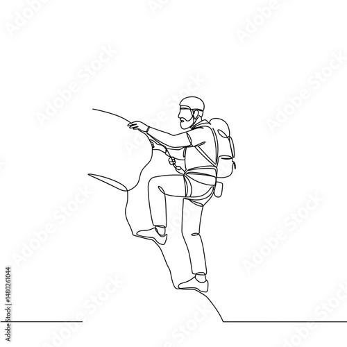 Senior man climbing rocks in a minimalist line art style  