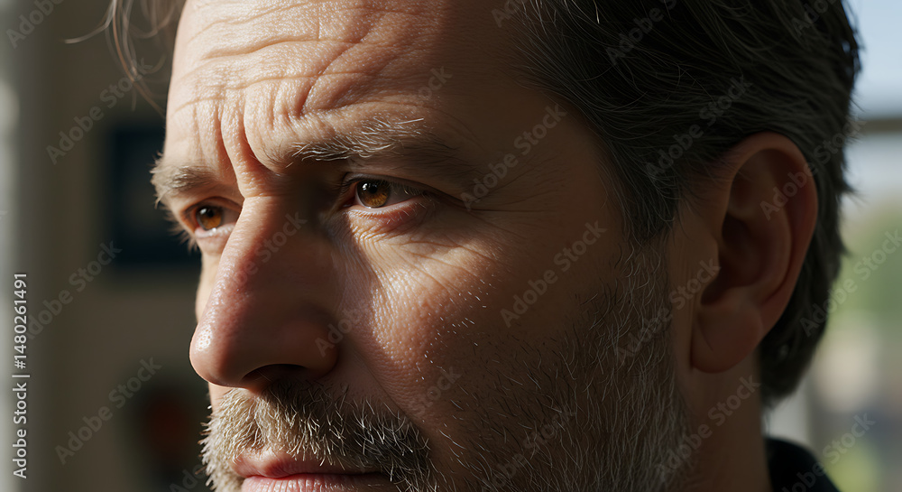 Fototapeta premium rosto de um homem de 40 anos com barba por fazer, expressão pensativa, olhando para o lado, pequenas rugas na testa