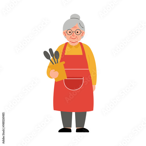Elderly woman holding kitchen utensils while wearing an apron