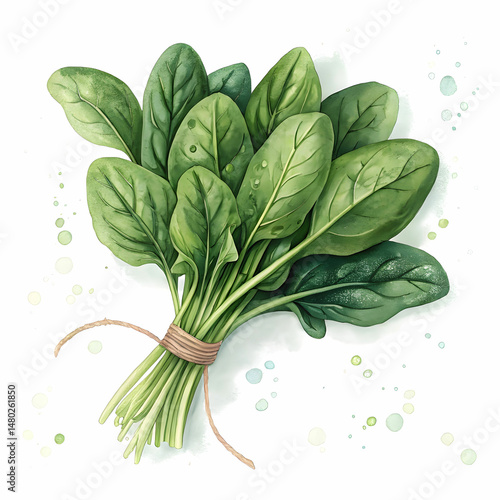 watercolor spinach bunch, green leaves, tied clip art preview