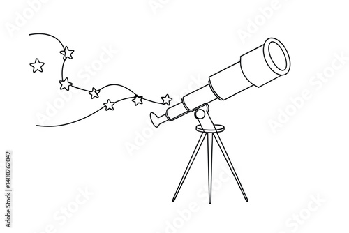 Simple black and white illustration of a telescope observing a constellation of stars
