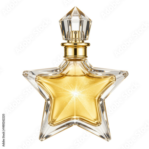 Star-shaped perfume bottle with gold liquid & multifaceted crystal stopper against dark background