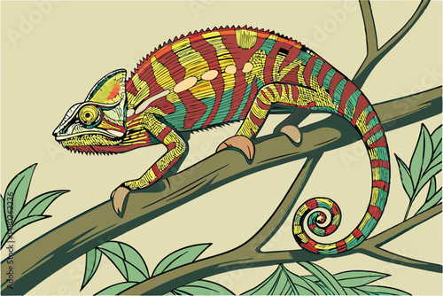 26 colorful chameleon crawling on a branch, detailed, hyper-realistic, photorealistic, 8k, highly detailed, 3D render, incredibly sharp focus, vibrant colors, intricate patterns, natural lighting