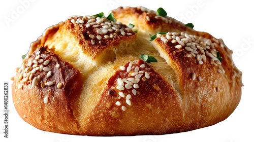 Artisan Bread: A golden-brown artisan bread, studded with sesame seeds and fresh herbs, sits invitingly on a surface. Its crust is perfectly crisp, and the interior looks soft and fluffy.  
