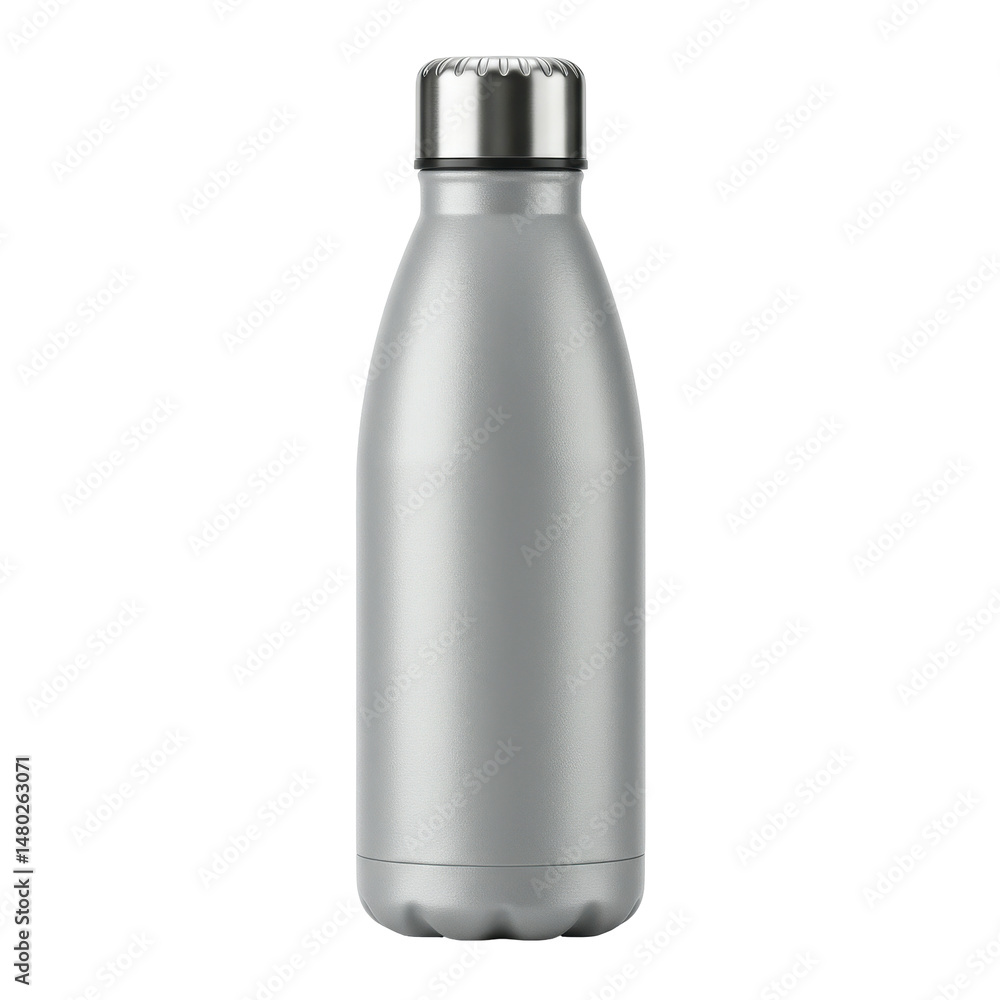 Sleek silver metal bottle with a shiny cap stands against a black background Sleek silver metal bottle with a shiny cap stands against a black background