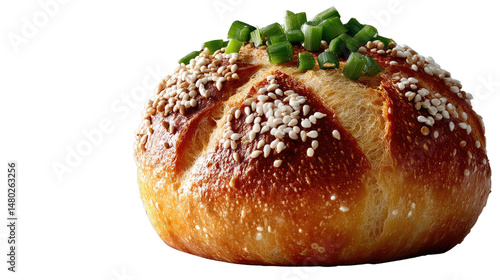 Golden Pretzel Roll: A delectable pretzel roll with a glistening crust, generously sprinkled with sesame seeds and fresh green toppings, perfect for any savory delight.