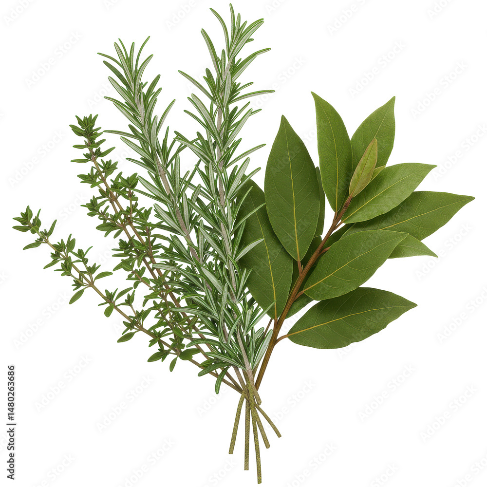 Fototapeta premium Fresh thyme, rosemary, and bay leaves tied together for a culinary and aromatic experience