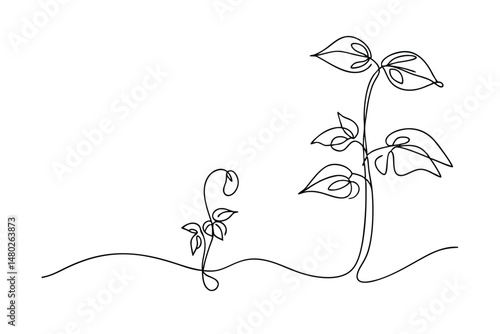 Simple continuous line drawing of sprouting plants showing growth progression isolated on white