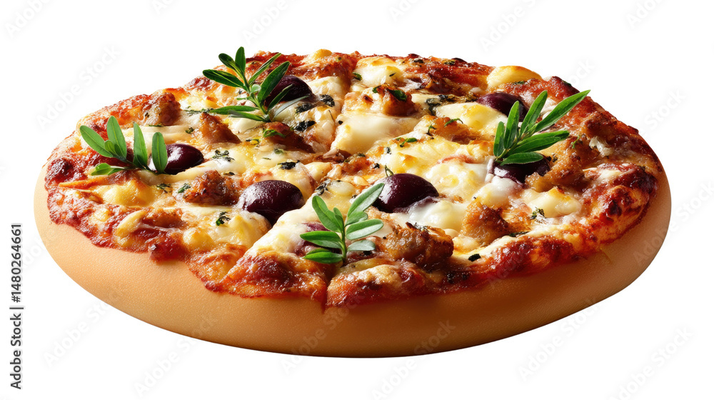 Delicious Chicken Pizza: A mouthwatering chicken pizza, generously topped with cheese, olives, and herbs, sits ready to be devoured. Delicious Chicken Pizza: A mouthwatering chicken pizza, generously topped with cheese, olives, and herbs, sits ready to be devoured.