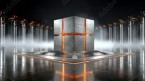 Sleek orange-edged mystery box on glassy futuristic floor, glowing interior space Video 4K UHD 60fps