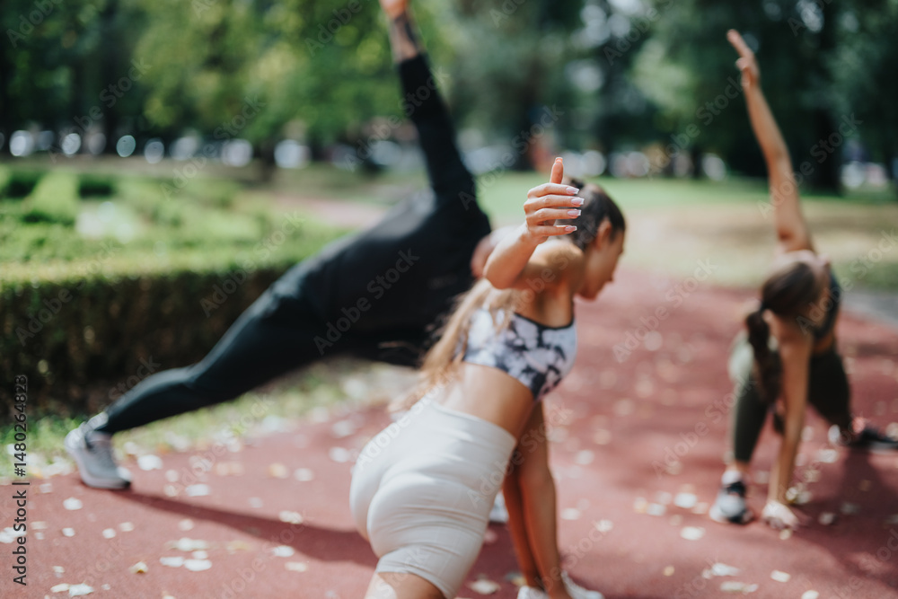 Obraz premium Friends exercising together in an outdoor park, practicing yoga poses and stretching exercises on a sunny day, promoting health, fitness, and a vibrant active lifestyle in a natural green environment.