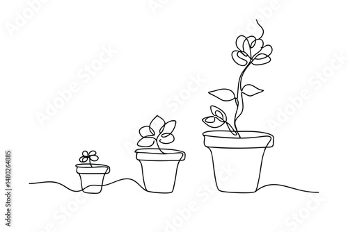 Growth stages of a plant in pots representing progression and development concept