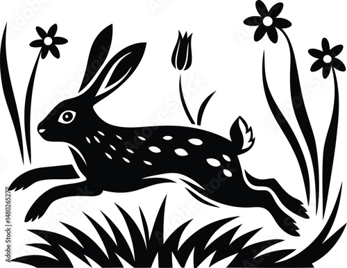 A rabbit running surrounded by tall grass and wildflowers silhouette vector art,  rabbit running surrounded by tall grass and wildflowers line art vector icon design 