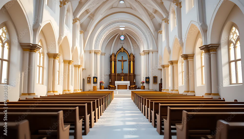 Fototapeta premium Church Interior with Pews and Altar