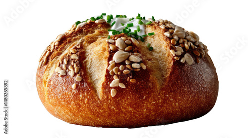 Artisan Bread with Seeds and Topping: A close-up of a freshly baked artisan bread roll, its crust golden-brown and studded with various seeds.
