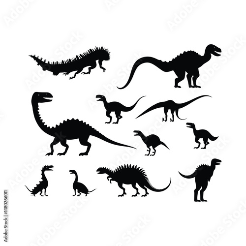 Dinosaur Set Silhouette Clipart on White Background