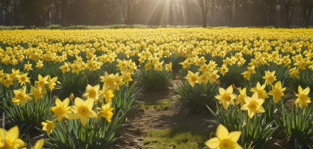 Obraz premium Vast field of cheerful daffodils bathed in sunlight, idyllic springtime scene, flowers, sunshine, background