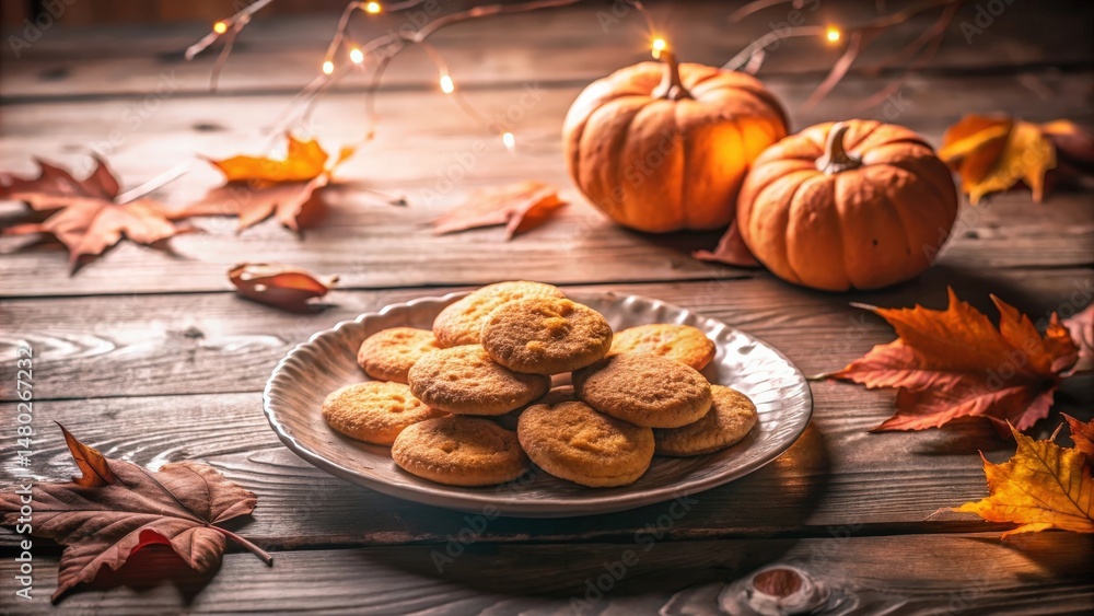 Fototapeta premium A rustic autumn scene with a plate of golden cookies, pumpkins, and fallen leaves on a wooden table.