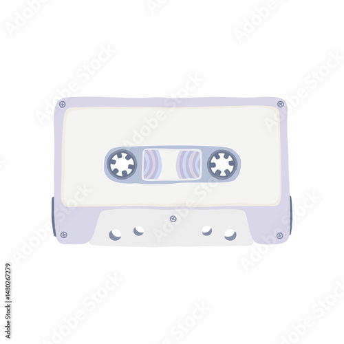 Illustration of a retro audio cassette tape with a soft lilac or purple color and cartoon cute flat design. Analog media for recording and listening to music.