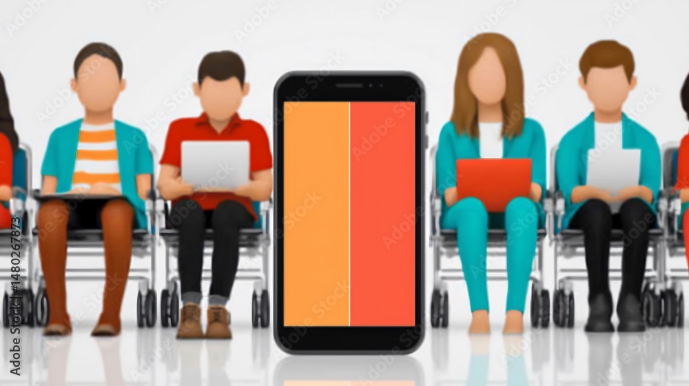 Obraz premium People seated in chairs, a smartphone centered. The smartphone display has two colored blocks