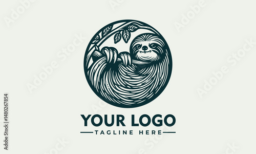 Charming Line Art Illustration of a Smiling Sloth Hanging from a Branch within a Circular Frame. Animal Illustration Concept.