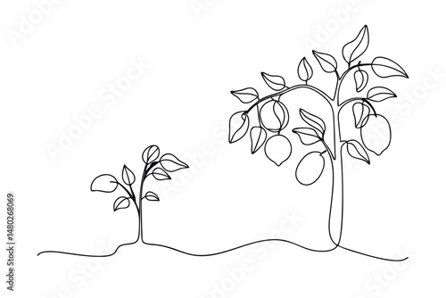 Continuous line drawing of growing lemon trees representing growth and development