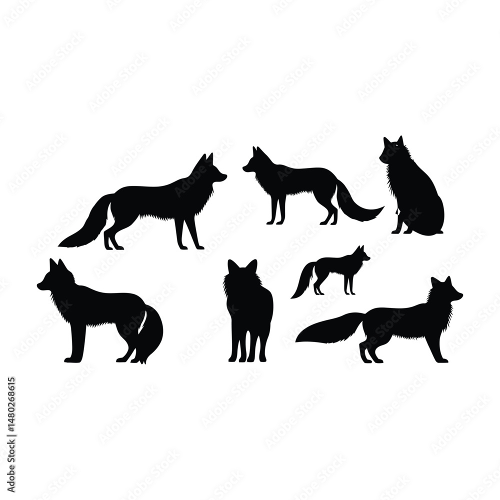 Fox Set Silhouette Clipart on White Background Fox Set Silhouette Clipart on White Background