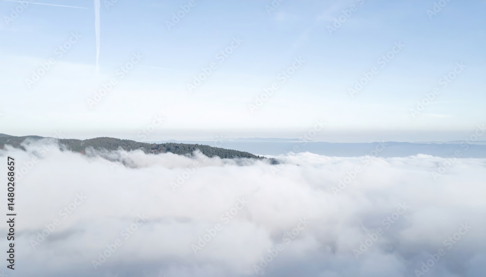 Fototapeta premium Serene fog covering hills coastal view nature photography tranquil environment aerial perspective