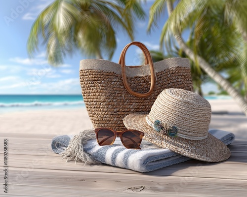 A stylish beach scene featuring a wicker bag, sun hat, sunglasses, and striped towel under palm trees by the ocean.
