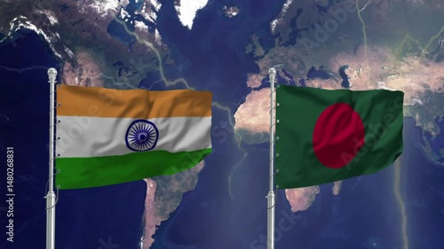 Flags of india and Bangladesh.The flags of india  and  bangladesh fly side by side on the map.