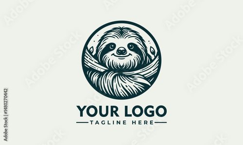 Charming Line Art Illustration of a Smiling Sloth Hanging from a Branch within a Circular Frame. Animal Illustration Concept.