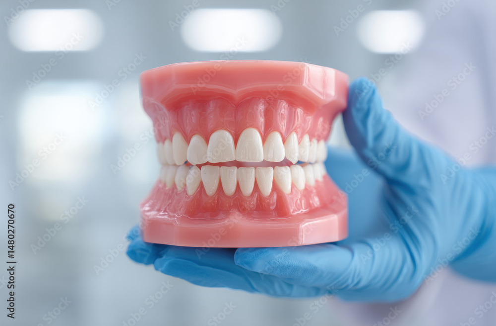 dental model showcasing realistic teeth and gums held by gloved hand, symbolizing dental care and education dental model showcasing realistic teeth and gums held by gloved hand, symbolizing dental care and education