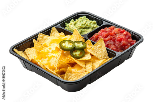 Nachos with Cheese and Jalapeños, Crispy tortilla chips topped with melted cheese, jalapenos presented in a black plastic rectangular parcel box isolated on transparent background