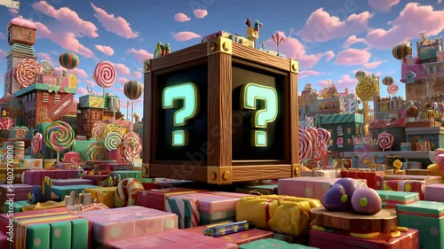 Green digital mystery cube on raised platform in pastel town environment with soft ambient lights Video 4K UHD 60fps