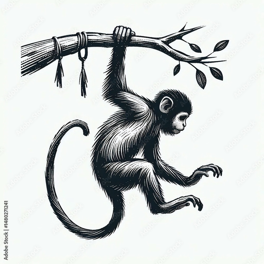 Fototapeta premium Monkey Hanging from Branch Engraved Illustration
