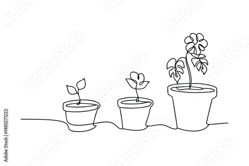 Continuous line drawing of plant growth stages in pots showing development progression