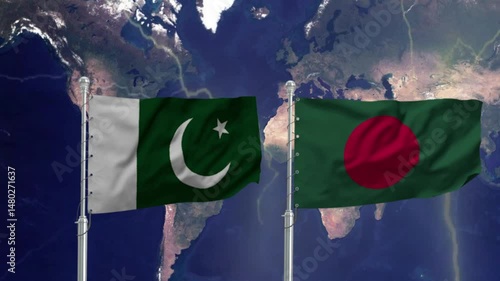 Flags of pakistan and  bangladesh  .The flags of pakistan and  bangladesh fly side by side on the map.