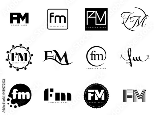 FM logo company template. Letter f and m logotype. Set different classic serif lettering and modern bold text with design elements. Initial font typography.