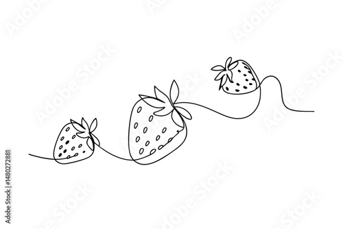 Minimalist continuous line art drawing of three fresh strawberries on white background